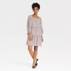 Who What Wear Womens Ruffle Dress Med Mini Bishop Sleeve Tiered Pink Black